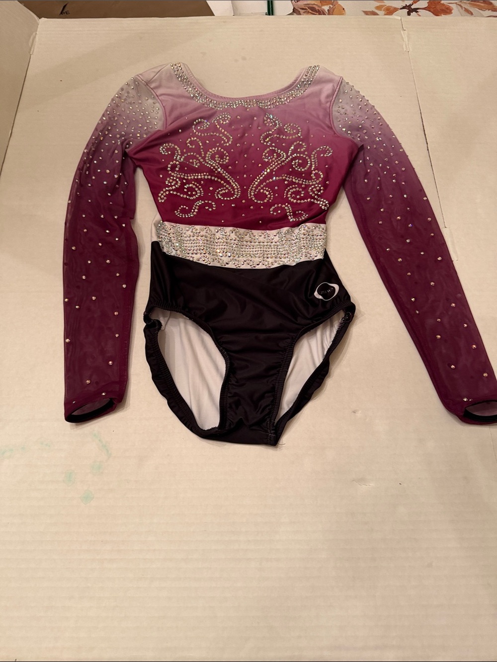 LS VGUC Women's Gymnastics Leotard Medium Burgundy & Black Crystals